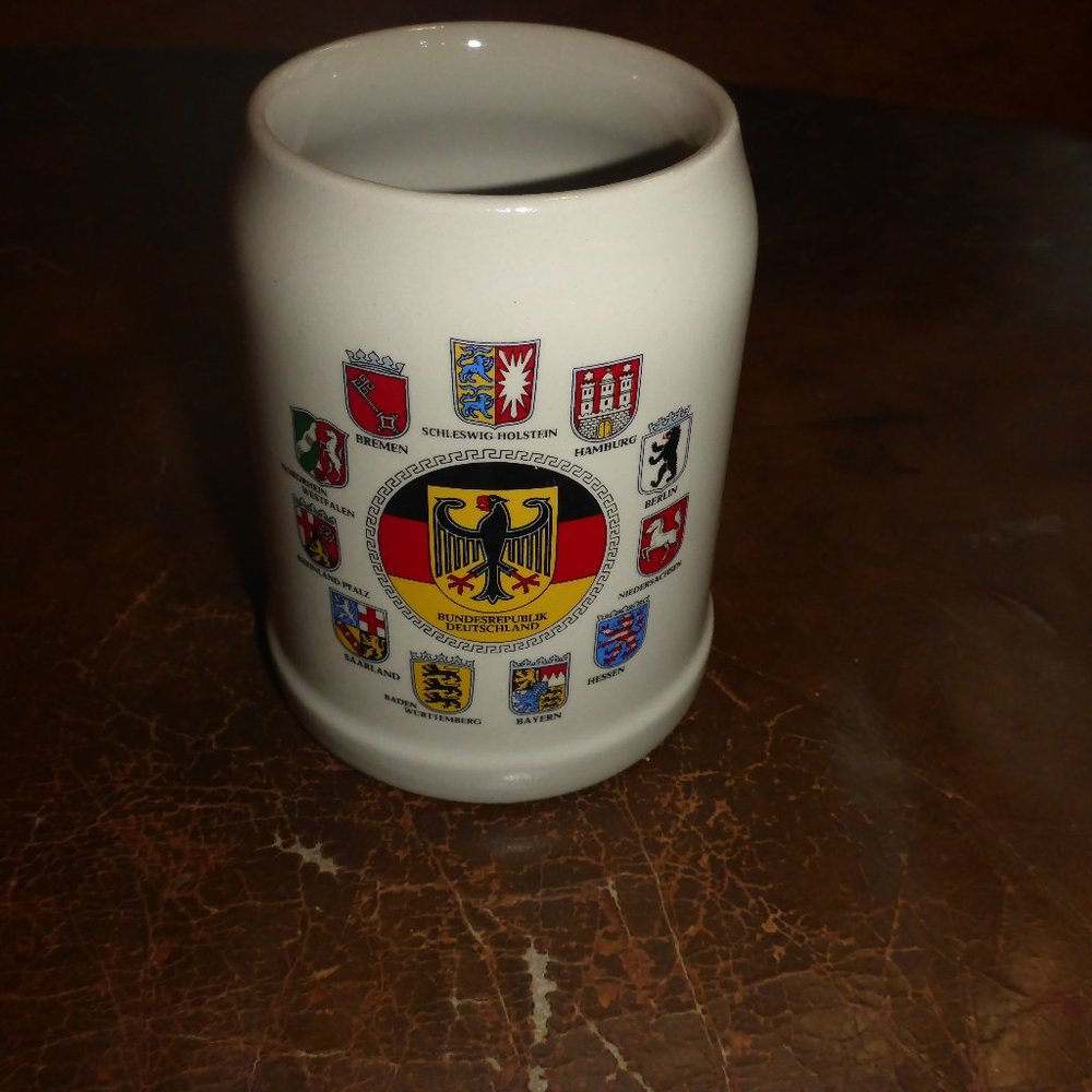 Vintage German Stoneware Beer Stein - 11 States Coats of Arms Made in W. German